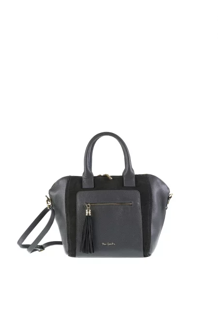 Кожена ръчна чанта Silvana с велур и допълнителна презрамка - Сив