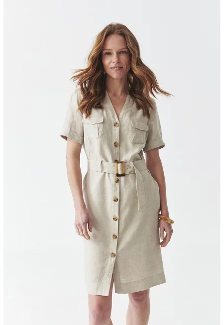 Ленена рокля с колан - Бежов