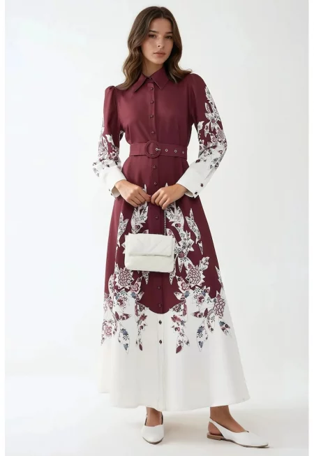 Макси рокля  дълъг ръкав - щампа - червена - текстил