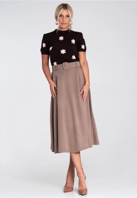 Миди пола  бежова - с колан - мека плетена материя - разкроена кройка