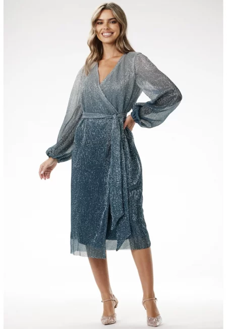 Миди рокля с дълъг ръкав - права - с V-образно деколте A702