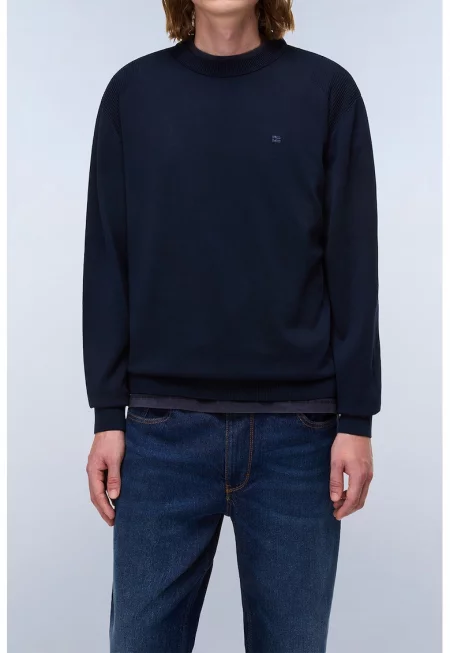 Памучен пуловер с овално деколте - Ултрамарин синьо