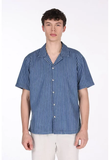 Памучна риза на райе - Бял/Син