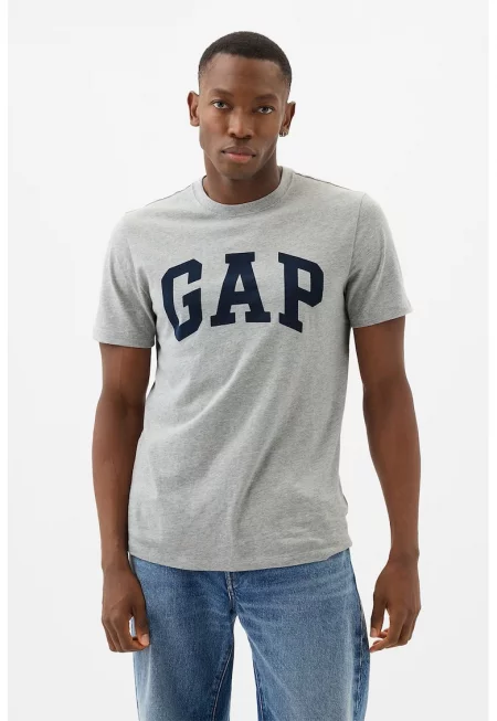 Памучна тениска с лого - Сив меланж/Тъмносин