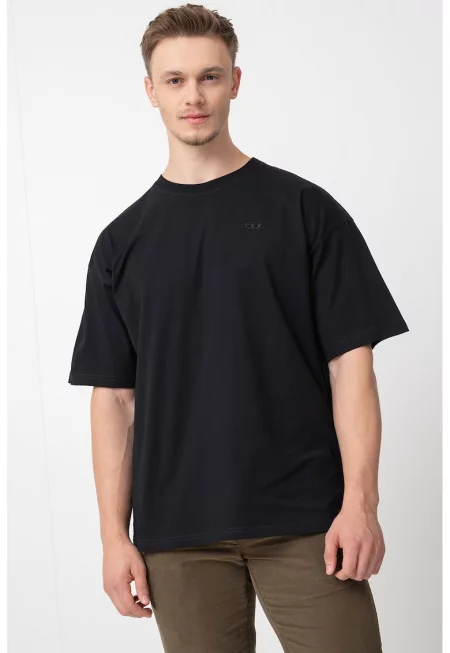 Памучна тениска с овално деколте - Черен/Син