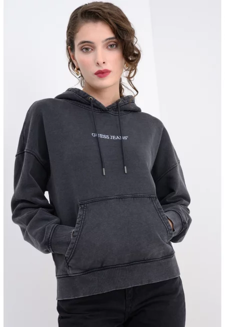 Памучно худи с джоб кенгуру - Антрацитно сиво
