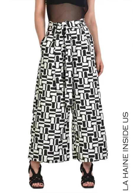 -Панталон с прав крачол с абстрактен принт и връзка на талията - Черен