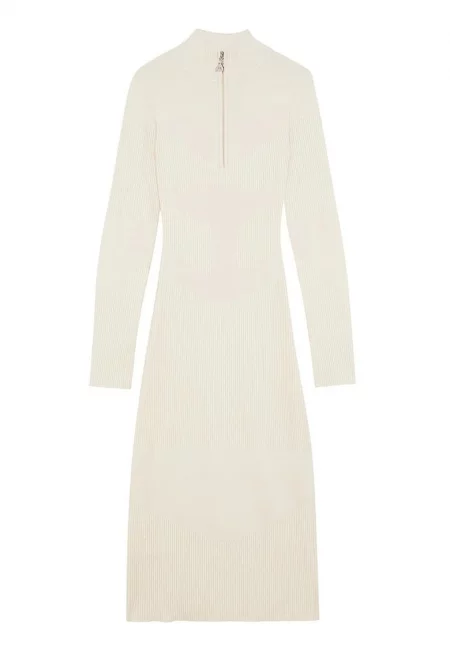 Плетена рокля с висока яка - Крем