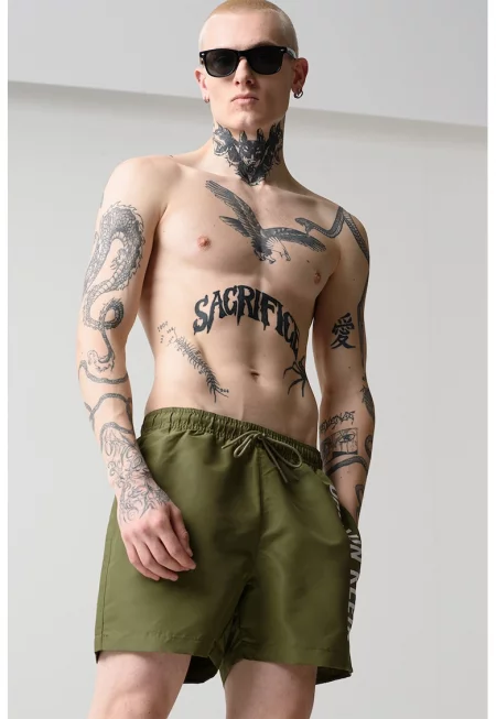 Плувни шорти с връзка - Бял/Тъмно каки