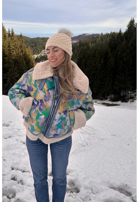 Ръчно оцветено дънково яке с еко кожа и паднали ръкави - Светлосин меланж/Светлозелен