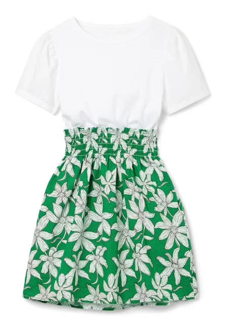 Разкроена флорална рокля - Бял/Зелен