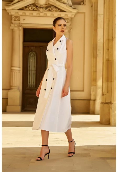 Разкроена рокля без ръкави - с двуредно закопчаване - Бял