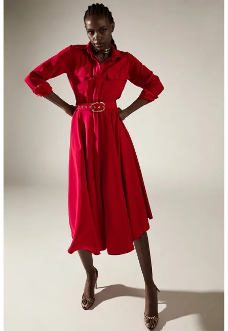 Разкроена рокля Patty тип риза с колан - Аленочервен