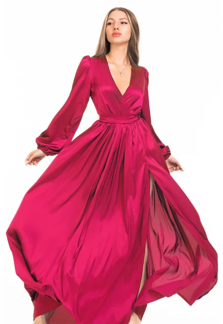 Разкроена рокля със застъпено деколте и шлиц - Яркорозово
