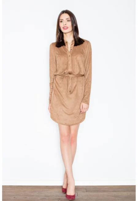 Рокля  M454 - кафява - полиестер - фини детайли - рокля-риза