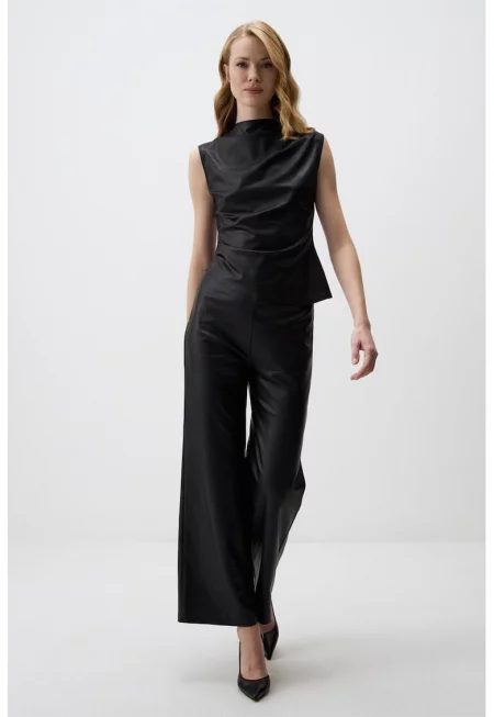 Сатиниран панталон с висока талия - Черен
