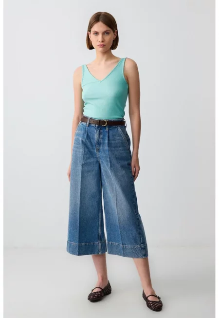 Широки 3/4 дънки - Пастелносин