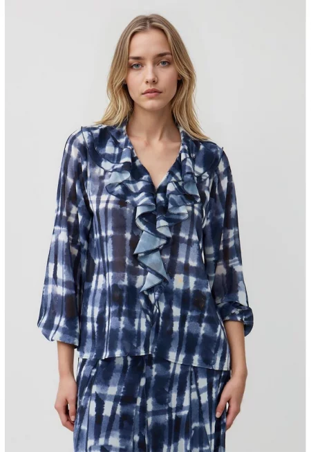 Шпиц блуза с набирания - Петролно синьо/Мръснобял