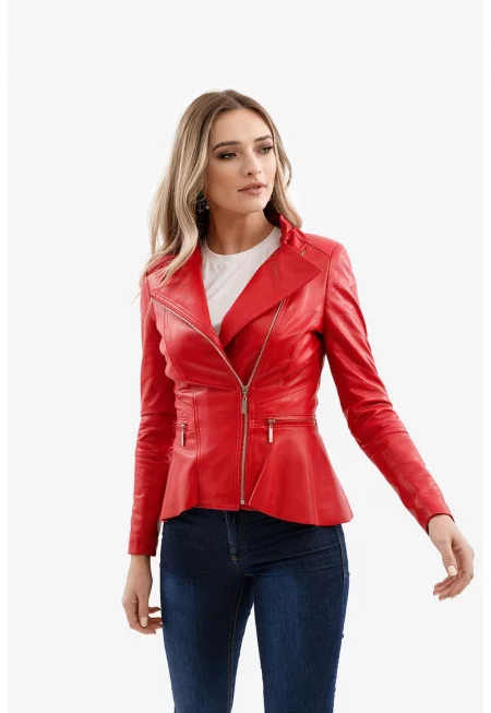 Силно вталено кожено яке Ada - Червен