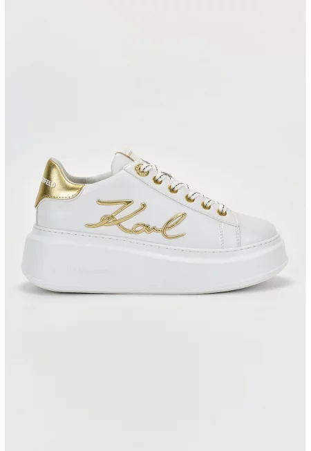 Скосени кожени спортни обувки с лого - Бял/Златист
