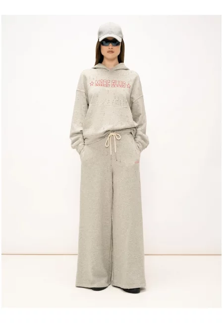 Спортен панталон с широк крачол и протрити зони - Светлосив меланж