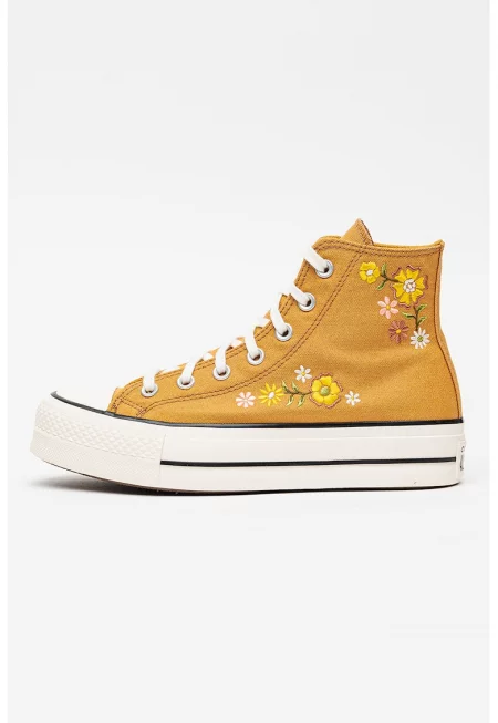 Спортни обувки Chuck Taylor All Star Lift с висока платформа и флорални бродерии - Синапено жълто