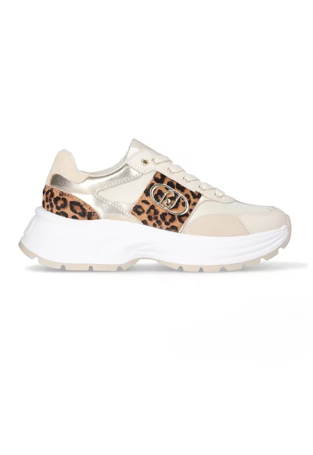 Спортни обувки от кожа и текстил с животински принт - Кафяв/Бежов