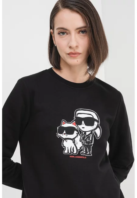 Суитшърт с овално деколте и лого - Черен