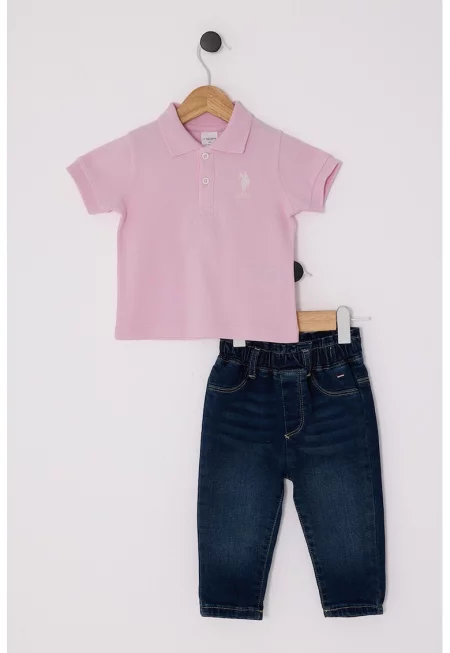 Тениска с яка и дънки - 2 части - Тъмносин/Прашно розово