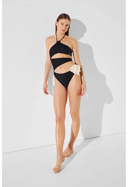 Цял бански с отвори - Слонова кост/Черен