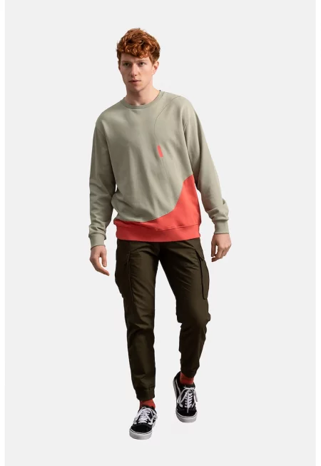 Унисекс суитшърт с дизайн с цветен блок - Мандарина/Сиво-бежов