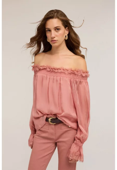 Блуза с голо рамо - Прашно розово