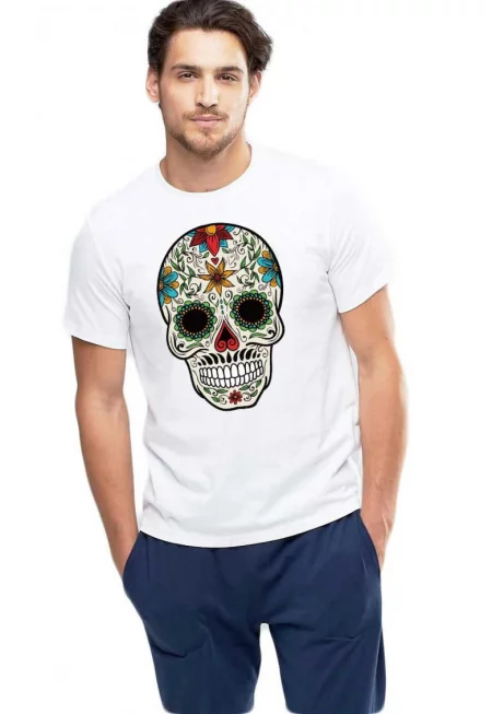 Бяла мъжка тениска - Sugar Skull Colorful