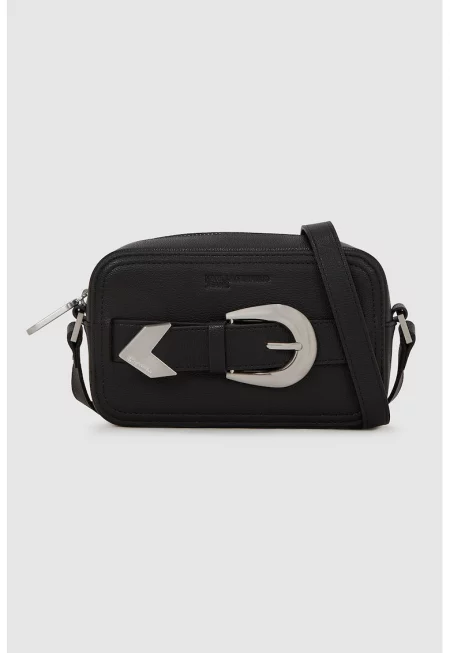 Чанта през рамо от еко кожа с декоративна тока - Черен