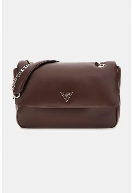 Чанта през рамо от еко кожа с презрамка с верижка - Кафяв