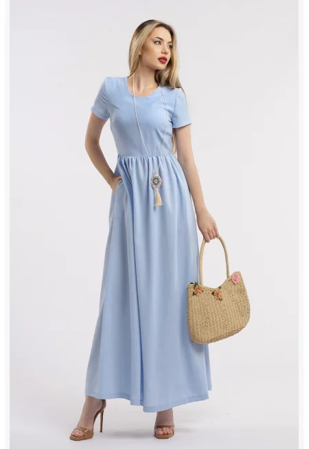 Дълга ленена рокля - Небесносин