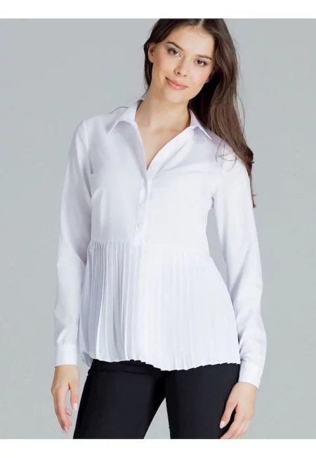 Дамска блуза - Ленитиф - бяла - дълъг ръкав - половин цип - полиестер