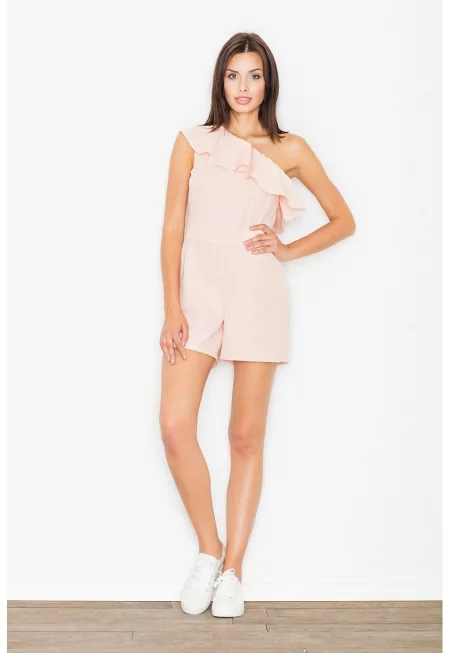 Дамски асиметричен къс гащеризон -  розов - 65% полиестер - 35% вискоза