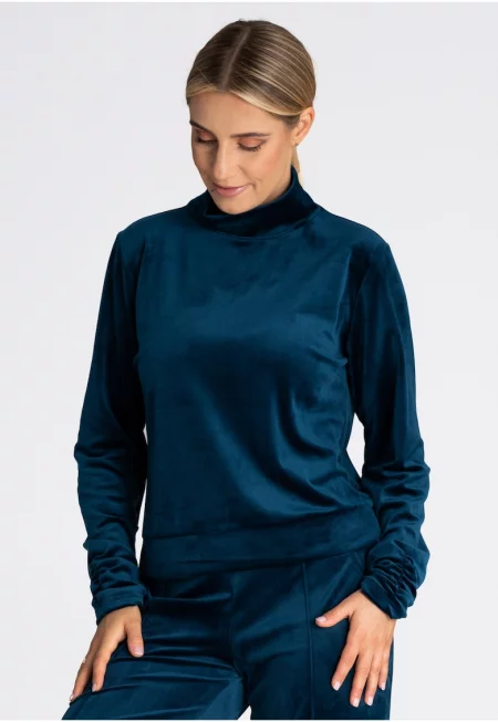 Дамски суитшърт  M967 - кадифе - тъмносин - висока яка - дълъг ръкав