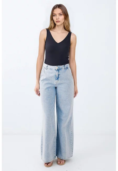 Дънки с широк крачол и захабен ефект - Светлосин