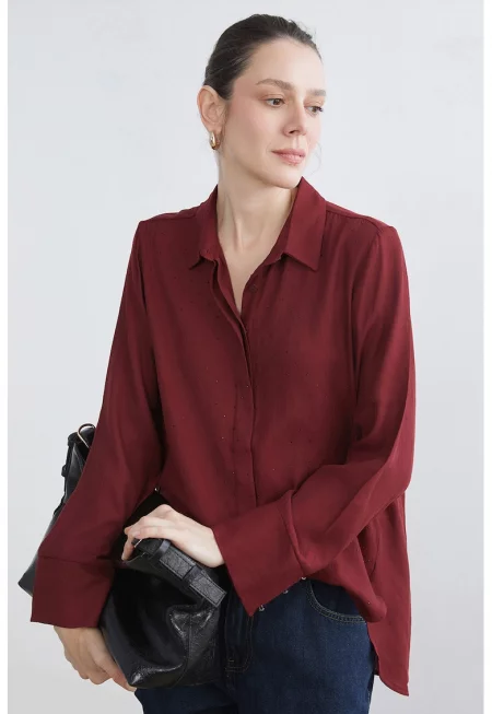 Ефирна риза с декоративни камъни - Бордо