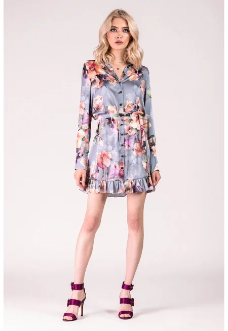 Флорална рокля тип риза с набран подгъв - Оранжев/Лавандула/Розово