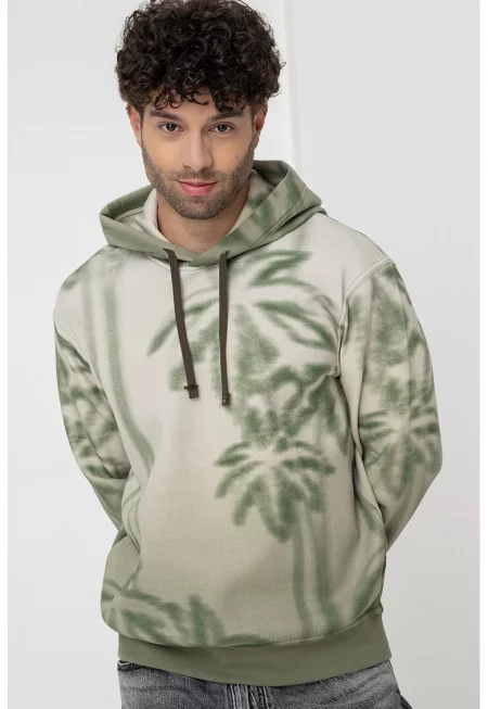 Худи с памук и принт - Тъмнобежово/Зелени аспержи