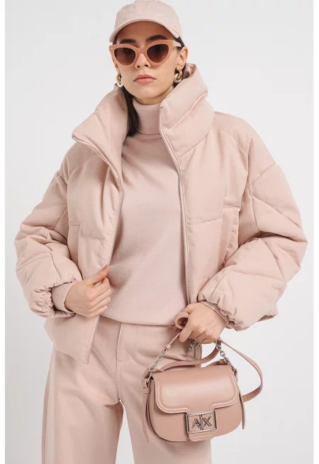 Капитонирано зимно яке с паднали ръкави реглан - Бледо розово