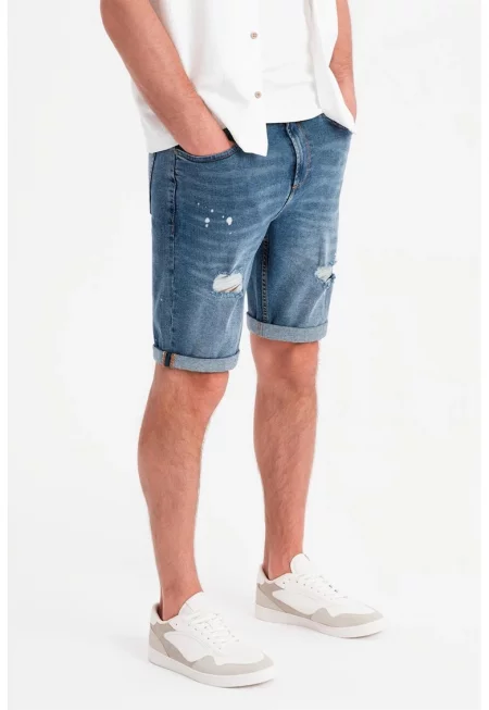 Къс панталон от деним със средновисока талия - Пастелносин