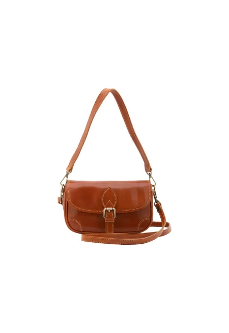 Кожена чанта през рамо с отделяща се презрамка - Коняк кафяв