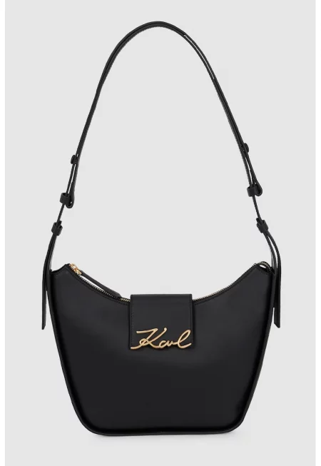 Кожена чанта за рамо с метално лого - Черен