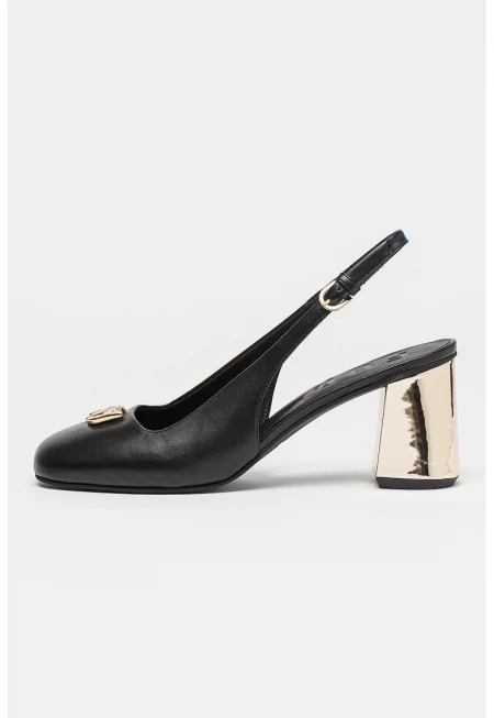 Кожени обувки с отворена пета и масивен ток - Златист/Черен
