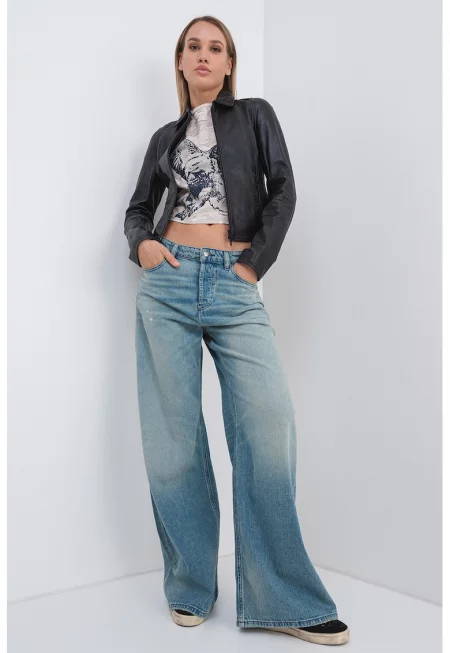 Кожено слим яке с овален подгъв - Черен