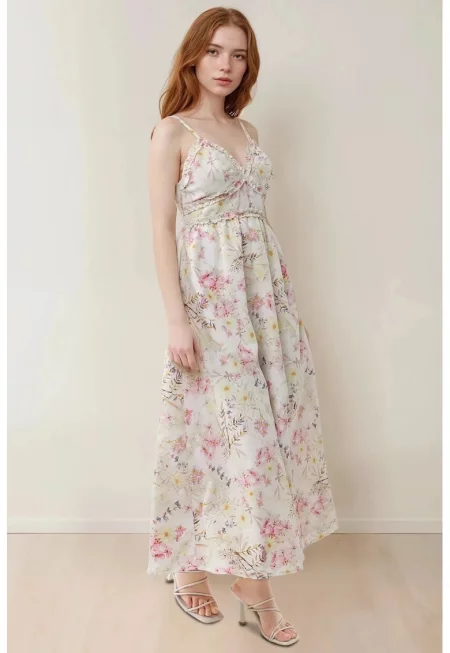 Макси рокля  флорален принт - V-образно деколте - памук - многоцветна